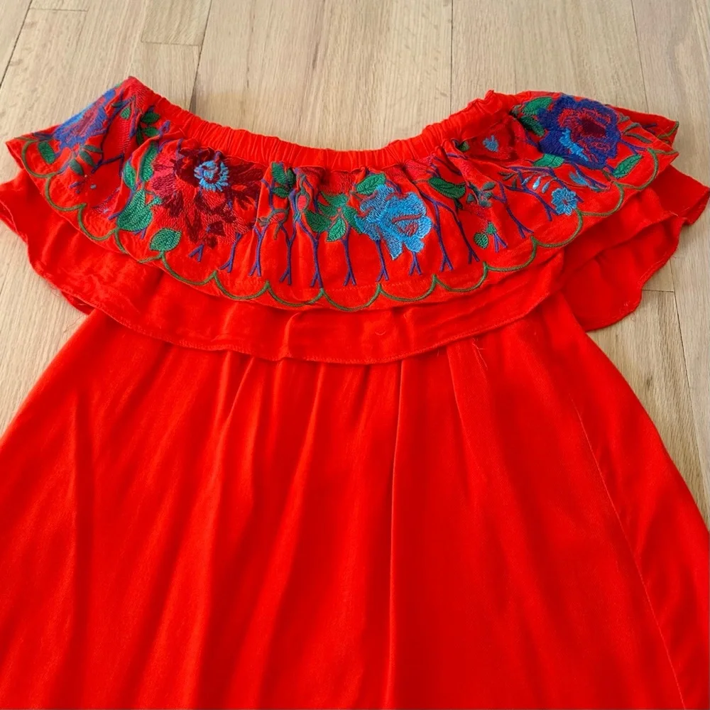 Altar’d State Red Off Shoulder Mini Dress with Flower Embroidery, Size XS - Picture 7 of 8